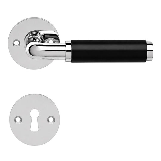 Funkis Espergærde door handle in chrome and black Bakelite, with rose and keyhole escutcheon