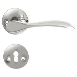 Bellevue door handle set, chrome, with roses and keyhole escutcheons, 30 mm fixing centres