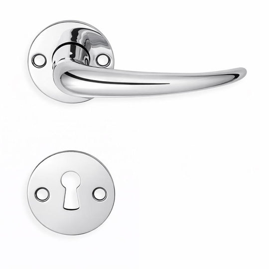 Coupé door handle in chrome, with rose and keyhole escutcheon, 30 mm fixing centres