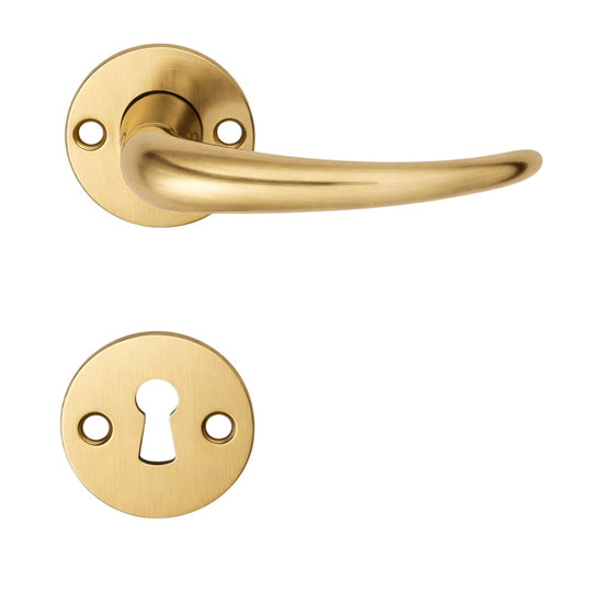 Coupé door handle in unlacquered brushed brass, with rose and keyhole escutcheon, 30 mm fixing centres