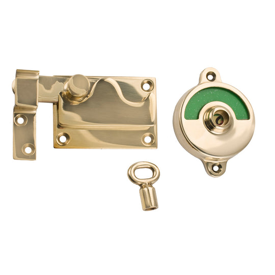 1018 toilet lock with indicator for inward-opening doors, unlacquered polished brass • KYNER & Co