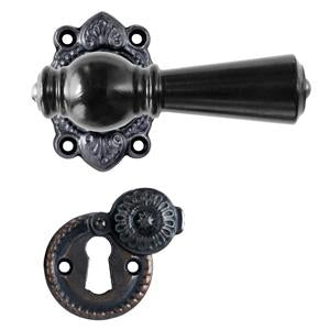 Østerbro black wood door handle with rose and keyhole escutcheon in black-oxidised brass