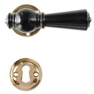 Østerbro black wood door handle with rose and keyhole escutcheon in unlacquered polished brass