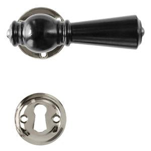 Østerbro black wood door handle with rose and keyhole escutcheon in chrome