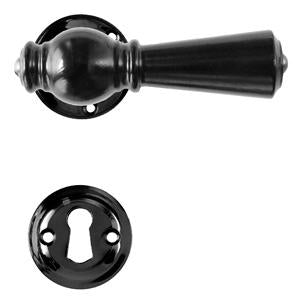 Østerbro black wood door handle with rose and keyhole escutcheon in black-painted brass