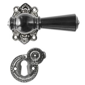Østerbro black wood door handle with rose and covered keyhole escutcheon in chrome