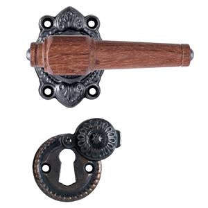Svanemølle hardwood door handle with rose and keyhole escutcheon in black-oxidised brass
