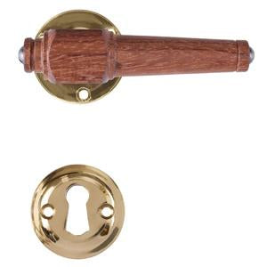 Svanemølle hardwood door handle with rose and keyhole escutcheon in unlacquered polished brass