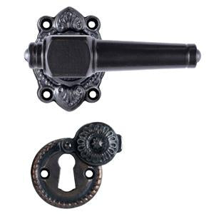 Svanemølle black wood door handle with rose and keyhole escutcheon in black-oxidised brass