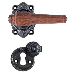 Svanemølle mahogany door handle with rose and covered keyhole escutcheon in black oxidised finish