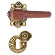 Svanemølle mahogany door handle with rose and covered keyhole escutcheon in unlacquered polished brass