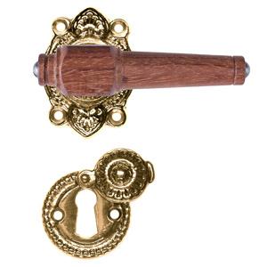 Svanemølle mahogany door handle with rose and covered keyhole escutcheon in unlacquered polished brass