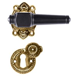 Svanemølle black wood door handle with rose and covered keyhole escutcheon in unlacquered polished brass