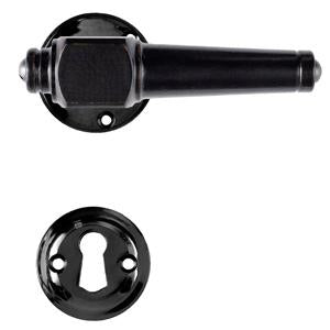 Svanemølle black wood door handle with rose and keyhole escutcheon in black-painted brass