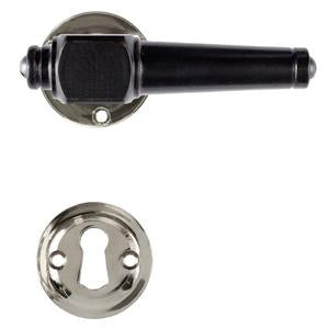 Svanemølle black wood door handle with rose and keyhole escutcheon in chrome