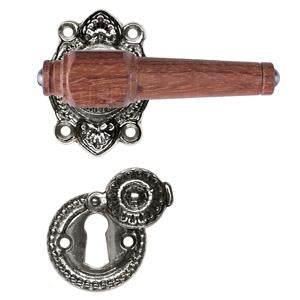 Svanemølle mahogany door handle with rose and covered keyhole escutcheon in chrome