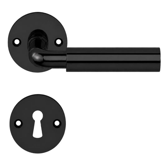 Funkis Espergærde door handle in black, with rose and keyhole escutcheon