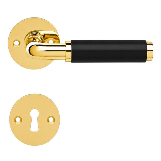 Funkis Espergærde door handle in polished brass and black Bakelite, with rose and keyhole escutcheon