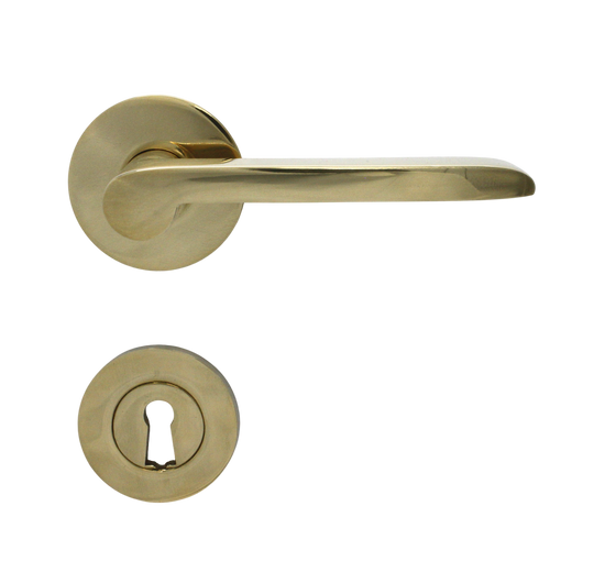 Vallerød door handle for new doors, including keyhole escutcheon and rose, unlacquered polished brass • KYNER & Co