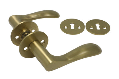 Bellevue door handle set, lacquered brushed brass, with roses and keyhole escutcheons, 30 mm fixing centres