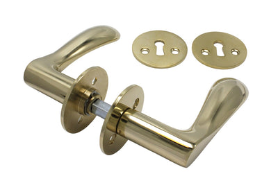Bellevue door handle in unlacquered polished brass, with rose and keyhole escutcheon, 30 mm fixing centres
