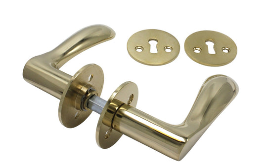 Bellevue door handle in unlacquered polished brass, with rose and keyhole escutcheon, 30 mm fixing centres