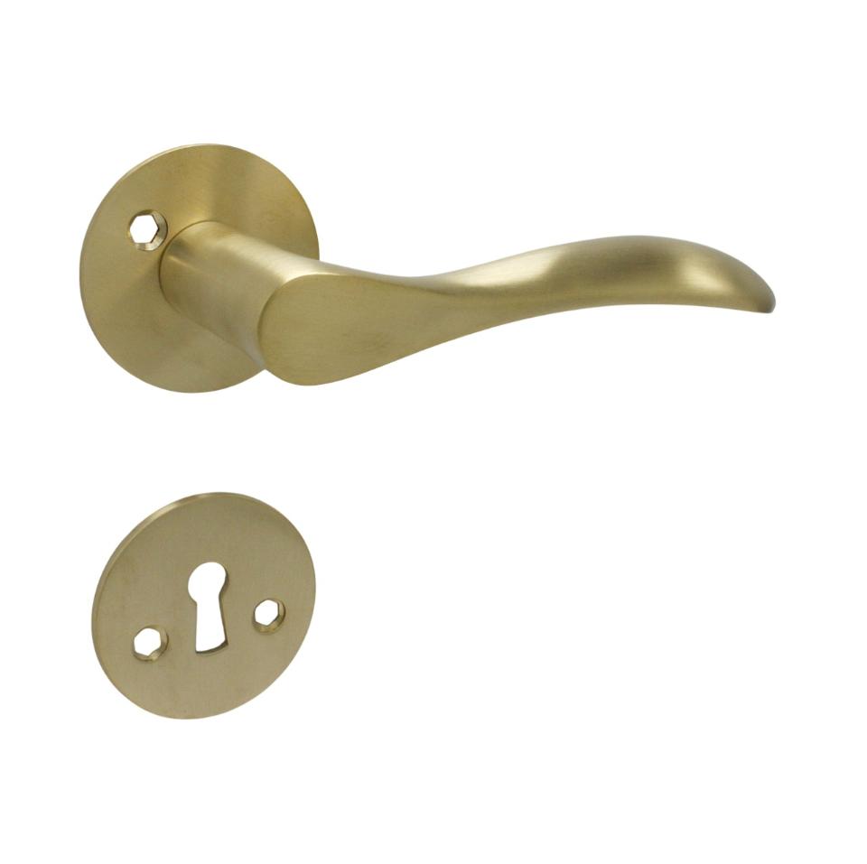 Bellevue door handle in unlacquered brushed brass, with rose and keyhole escutcheon, 30 mm fixing centres