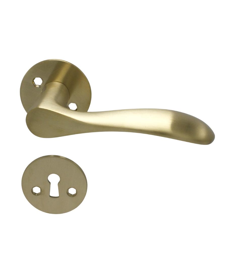 Bellevue door handle in unlacquered brushed brass, with rose and keyhole escutcheon, 30 mm fixing centres