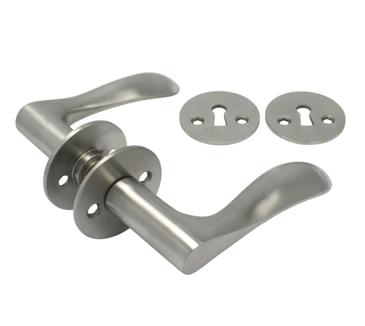 Bellevue door handle set, stainless steel, with roses and keyhole escutcheons, 30 mm fixing centres