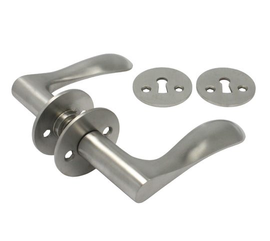 Bellevue door handle set, stainless steel, with roses and keyhole escutcheons, 30 mm fixing centres