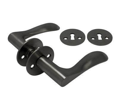 Bellevue door handle set, PVD black, with roses and keyhole escutcheons, 30 mm fixing centres