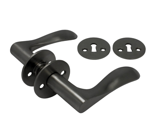 Bellevue door handle set, PVD black, with roses and keyhole escutcheons, 30 mm fixing centres