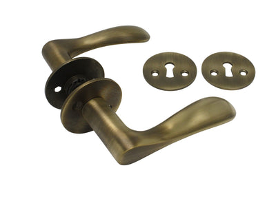 Bellevue door handle set, lacquered brushed antique brass, with roses and keyhole escutcheons, 30 mm fixing centres