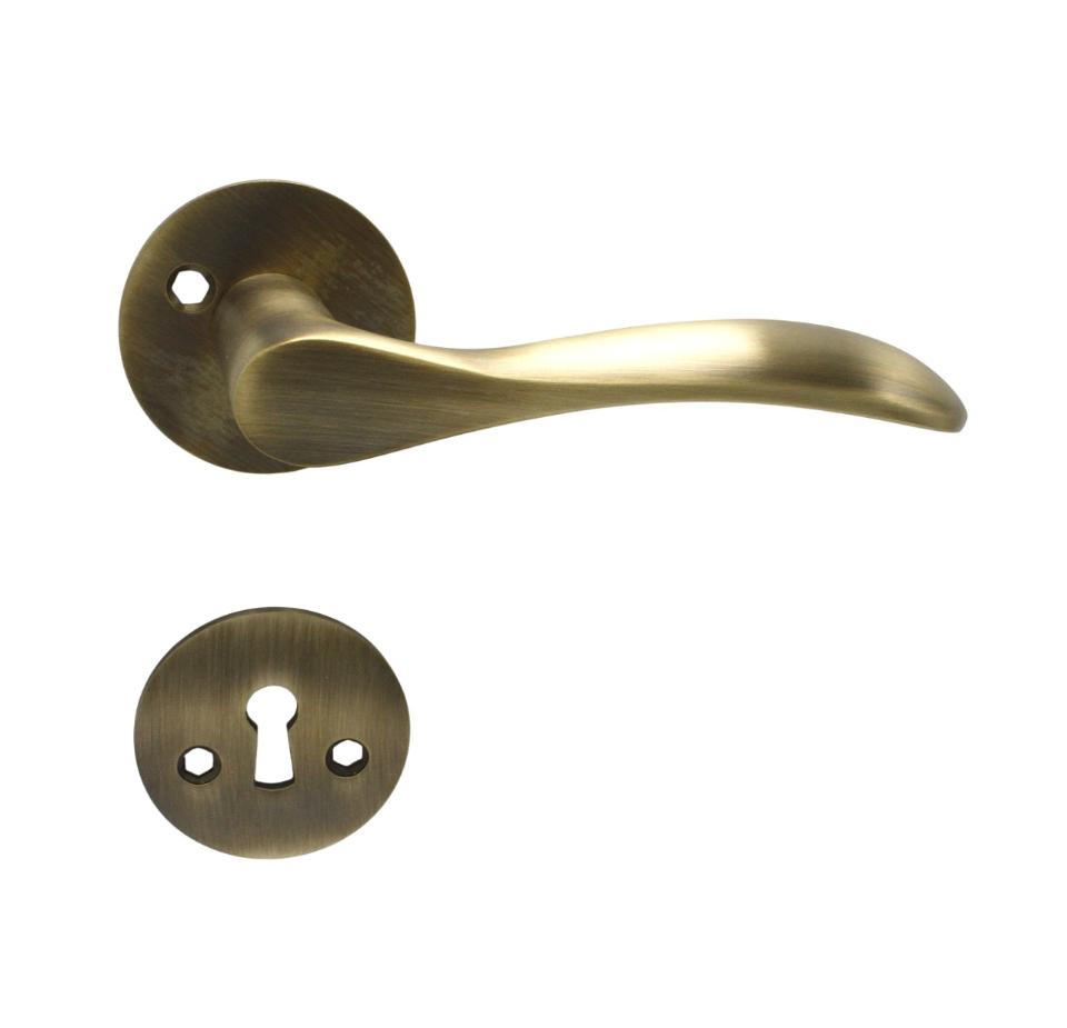 Bellevue door handle in lacquered brushed antique brass, including rose and keyhole escutcheon, c/c 30 mm - Copenhagenhomedesign