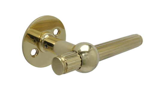 Rex door handle including rose, unlacquered polished brass • KYNER & Co