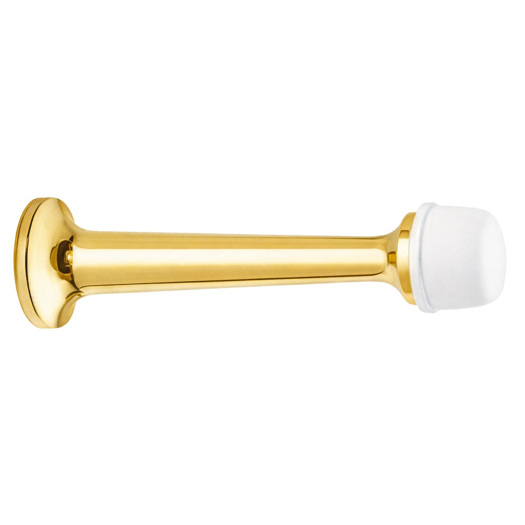 Lacquered solid brass door stop, white plastic cap, 78 mm