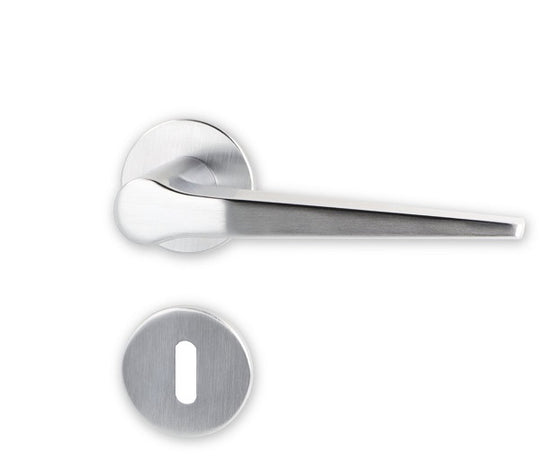 Funk door handle set, stainless steel look, with roses and keyhole escutcheons
