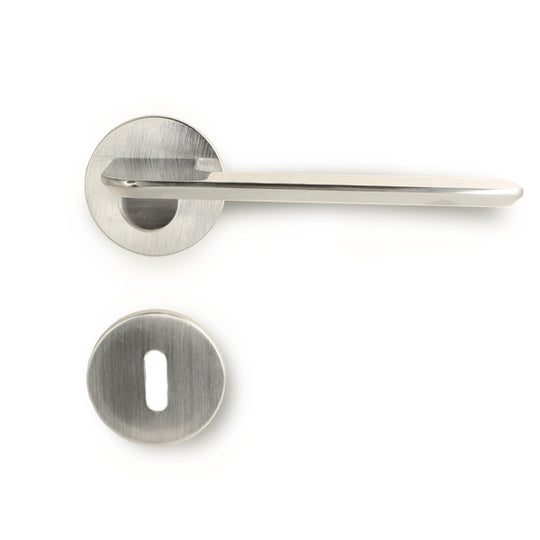Disco door handle set, stainless steel look, with roses and keyhole escutcheons