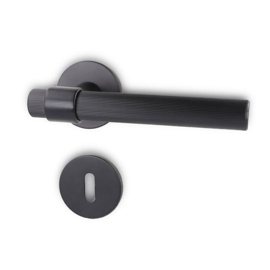 Justa door handle set, matt black, with roses and keyhole escutcheons