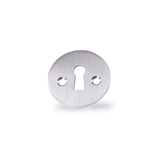 Brushed stainless steel keyhole escutcheons with traditional keyhole-shaped opening, for AJ handles