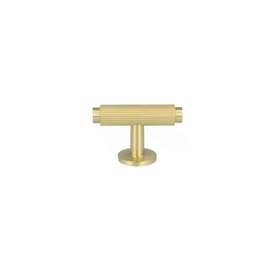 Ryvang T-bar cabinet knob with linear texture in brushed brass, unlacquered