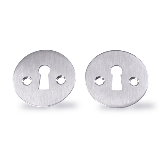 Brushed stainless steel keyhole escutcheons with traditional keyhole-shaped opening, for AJ handles