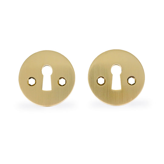 Brushed brass keyhole escutcheons with traditional keyhole-shaped opening, for AJ handles