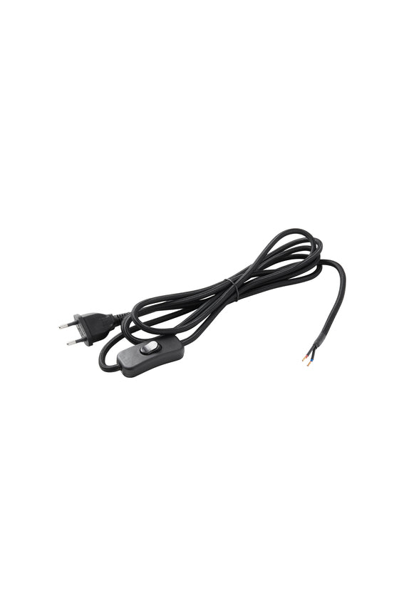 Sort kabelsæt med hanstik, afbryder og stofkabel, på hvid baggrund.