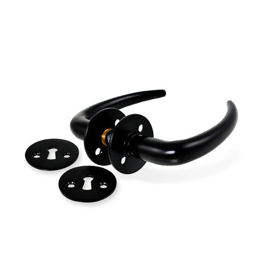 Coupé door handle in black, with rose and keyhole escutcheon, 30 mm fixing centres