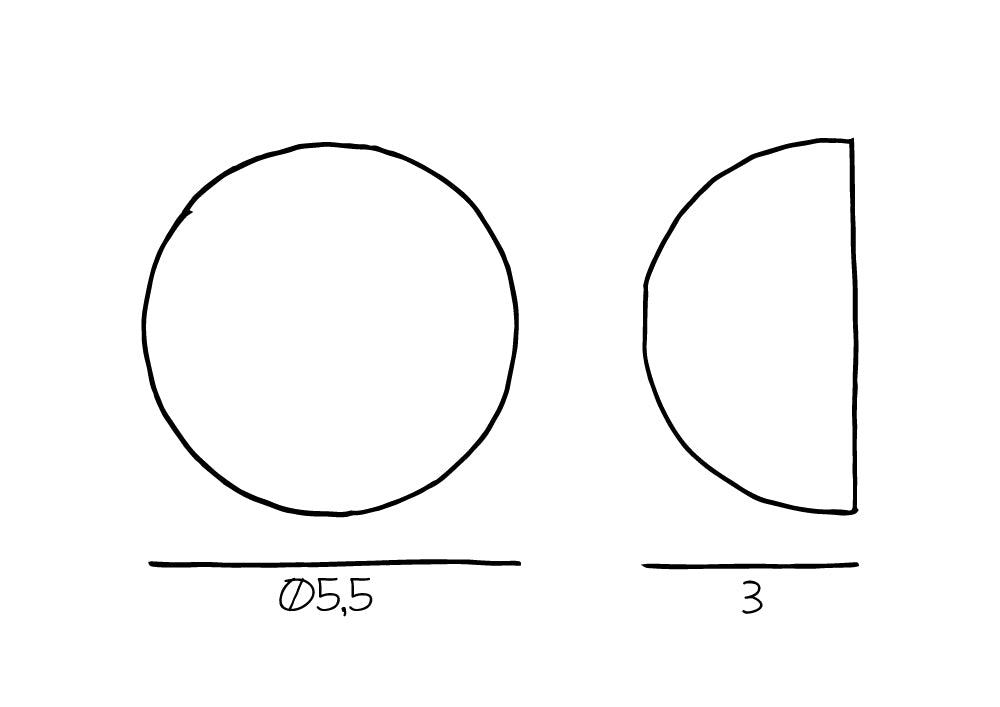 Her ses produkt tegningen af knoppen, som måler 5,5 cm i diameter og 3 cm i dybden. 