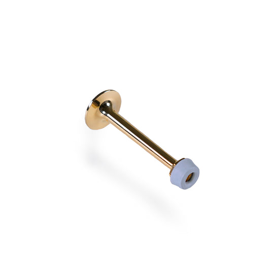 Unlacquered polished brass door stop, grey rubber cap, 95 mm