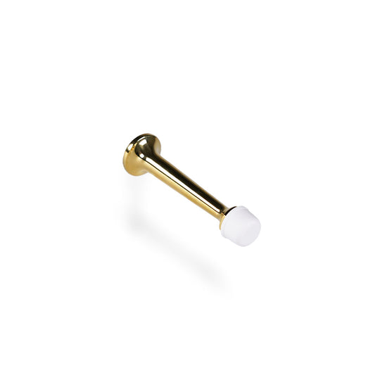 Unlacquered solid brass door stop, white plastic cap, 78 mm