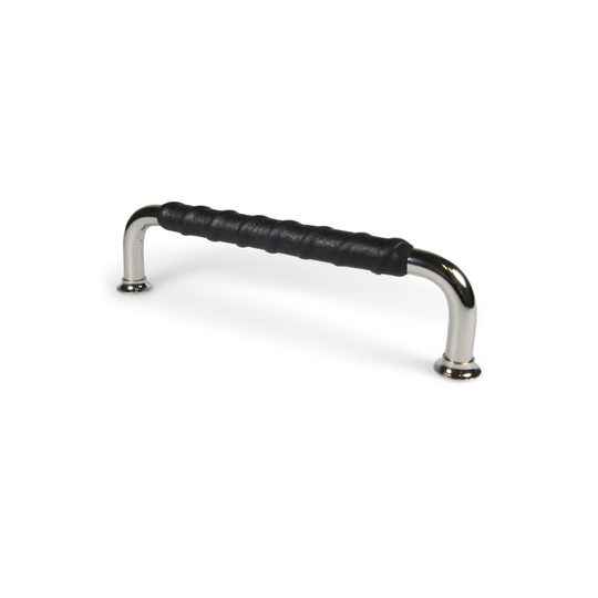 Charlottenlund • Bow handle in solid steel with polished chrome finish and black leather