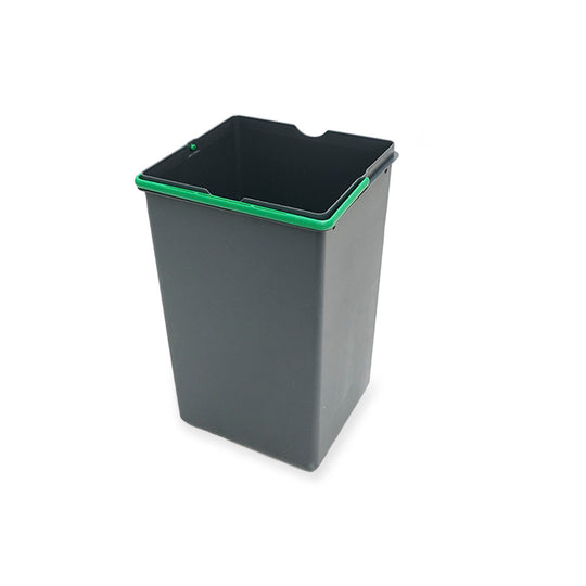 14-litre waste bin in dark grey plastic with green handle